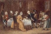 unknow artist An elegant interior with a lady and gentleman toasting,other figures drinking and smoking at the table oil painting artist